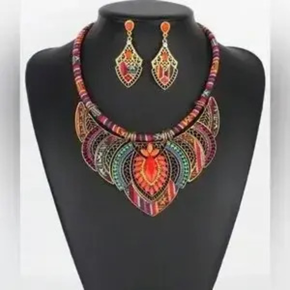 Unique Bohemian Multicolor Statement Necklace and Earring Set